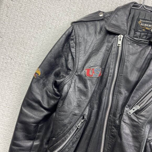 VTG Albert Montreal Leather Black Biker Jacket Coat Eagles American Flag USA REA - Picture 4 of 16